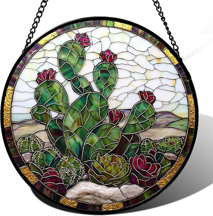 Stained Glass Window Hanging,Green Cactus Purple Flowers Suncatcher Diamond Glass Panel Sun Catchers Decor for Birthday for Women, Men, Wife, Aunt, and Mom 14.9x14.9 in