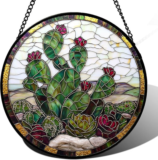 Stained Glass Window Hanging,Green Cactus Purple Flowers Suncatcher Diamond Glass Panel Sun Catchers Decor for Birthday for Women, Men, Wife, Aunt, and Mom 14.9x14.9 in