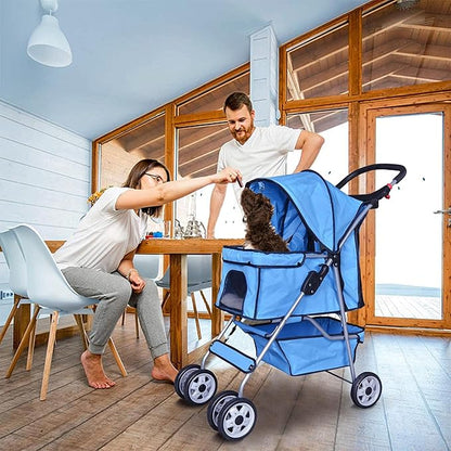 4 Wheels Dog Stroller, Foldable Pet Stroller for Small Medium Dogs, Portable Breathable Cat Stroller Dog Strollers with Storage Basket, Cup Holders, Removable Liner for Travel & Outdoor Use, Blue