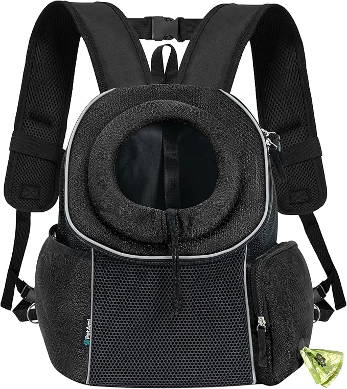 PetAmi Dog Front Carrier Backpack, Ventilated Adjustable Dog Pet Cat Chest Carrier Backpack, Dog Carrier for Hiking Camping Travel, Small Dog Puppy Medium Cat Carrying Bag, Max 14 lbs, Black