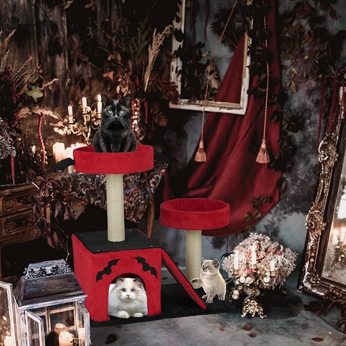 VINGLI 27.6in Gothic Cat Tree with Spacious Cat Condo & 2 Padded Perches, Red & Black Cat Tower with Scratching Ladder, Sisal Posts & Spider Toy for Large Cats