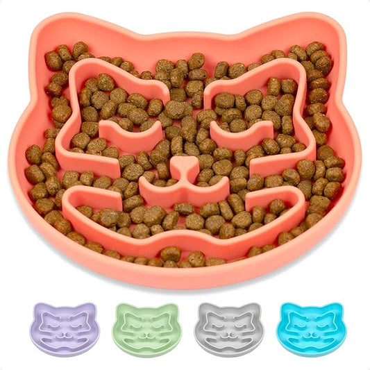 Snuggli Slow Feeder Cat Bowl | Cat Puzzle Feeder for Slow Eating, Mental Enrichment, Digestion, & Bloat Relief | Non-Slip Silicone, Dishwasher Safe, 1 Cup (Coral)
