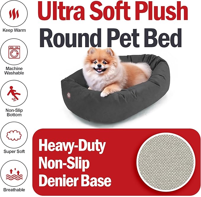 Majestic Pet 24 Inch Suede Calming Dog Bed Washable – Cozy Soft Round Dog Bed with Spine Support for Dogs to Rest Their Head - Fluffy Donut Dog Bed 24x19x7 (Inch) - Round Pet Bed Small – Gray (2025)