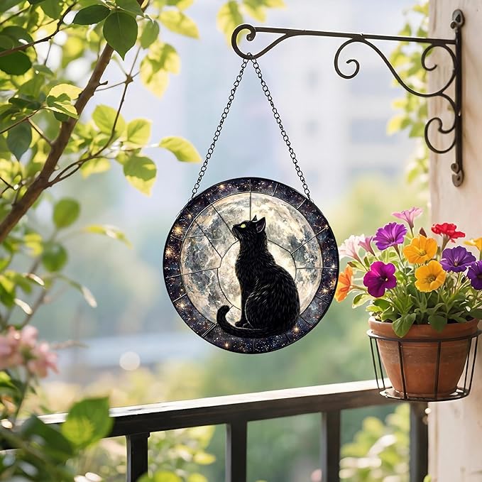 Sanwarm Stained Glass Window Hanging, Black Cat Moon Galaxy Suncatcher Window Decor for Indoor Home Sun Catcher Ornament, Mother’s Day & Birthday Gift for Women, Men, Mom & Nana, 7.8 in