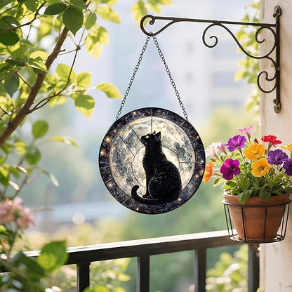 Sanwarm Stained Glass Window Hanging, Black Cat Moon Galaxy Suncatcher Window Decor for Indoor Home Sun Catcher Ornament, Mother’s Day & Birthday Gift for Women, Men, Mom & Nana, 7.8 in