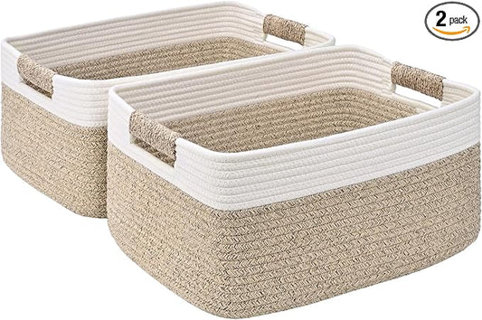 2 Pack Large Storage Basket for Organizing, 17.5"x13"x7" Woven Basket for Shelves, Closet Cube Storage Bins with Wrapped Handle, Cotton Rope Baskets for Kitchen, Clothes, Toys(Off White & Brown)