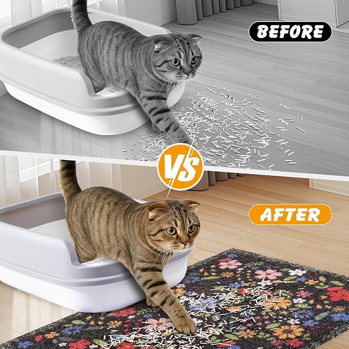 Cat Litter Mat, 20x15 in Litters Box Mat Waterproof Non-Slip Easy to Clean Washable Trapping Mat for Kitty(Black Leaves)