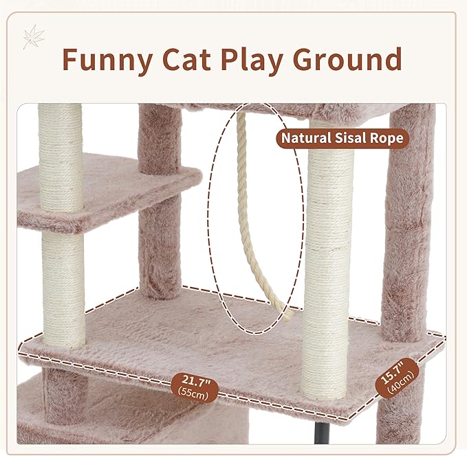 Gitelsnour Cat Tree for Indoor Cats Large Adult, 70.5'' Cat Tower with Scratching Post, Sturdy Steel Pube Cat Tree Tower with Large Playing Platfrom, Hammock and Basket, Top Perch, Mushroom GCT024MU