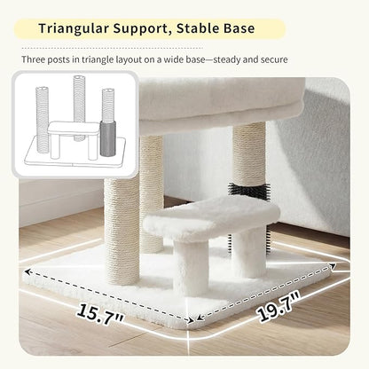 Heybly Cat Scratching Post, Small Cat Tree Tower with 3 Full Sisal Posts, Removable Plush Bed, Grooming Brush, Stable & Space-Saving Cat Furniture with Gentle Step for Indoor Cats, White HSP001SWH