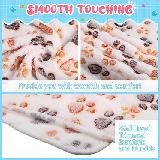 Tatuo 4 Pcs Dog Blanket for Pet Cat Blankets Indoor Puppy Teething Stuff Toys Paw Print Fleece Soft Blanket Sleep Mat for Guinea Pig Cage(White,Small(24 x 16 Inch))