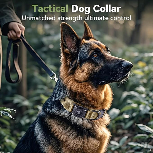 2026 Upgrade Waterproof AirTag Dog Collar, Military Tactical Dog Collar with AirTag Holder, Comfortable Control Handle and Metal Buckle, GPS Dog Collar Holder for Medium to Large Dogs (Khaki,X L)