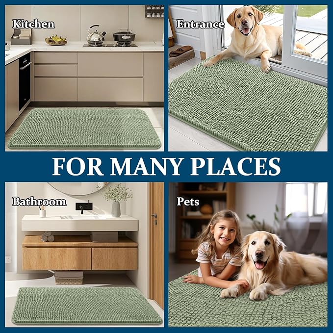 OLANLY Dog Door Mat Set 2-Piece 36x24, Absorbs Moisture and Dirt, Absorbent Non-Slip Washable Doormat, Quick Dry Chenille Mud Mat for Dogs, Entry Indoor Entryway Carpet for Inside Floor, Sage Green
