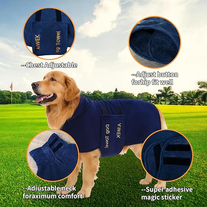 Dog Towel Dog Bathrobe, Microfiber Super Absorbent Pet, Quick Drying Robe for After Bath, Adjustable Collar & Belly Strap Pet Cat Bath Robe Towel Blue-M
