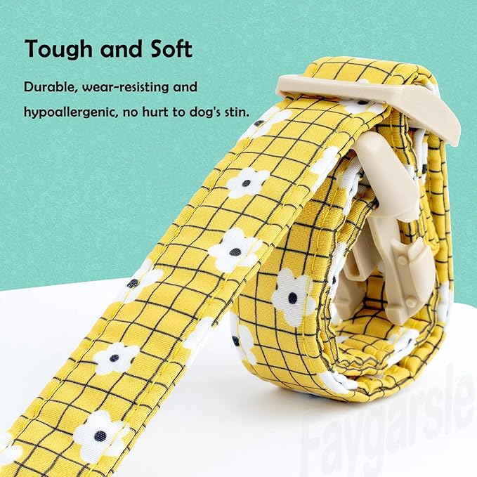 Faygarsle Floral Plaid Pattern Dog Collar, Yellow with White Flowers Summer Spring Design for Small Medium Large Dogs L