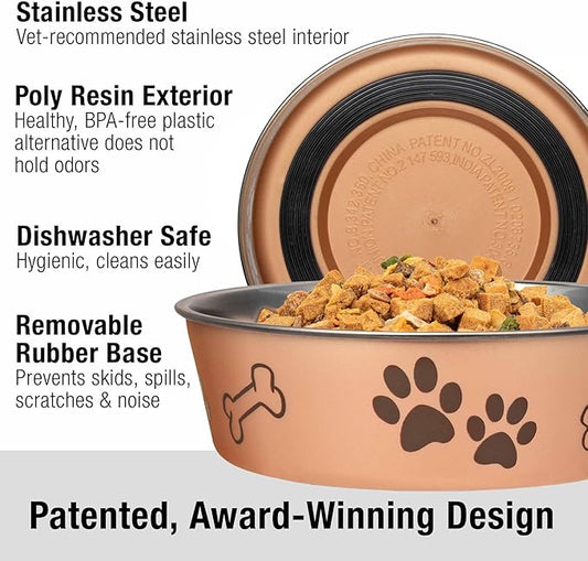 Loving Pets Bella Dog Bowls- Stainless Steel Dog & Cat Bowls - Spill Proof Dog Food Bowl, Cat Bowl, Puppy Essentials & Pet Supplies Great for Home & Travel (X-Large 65-100lbs, Champagne)