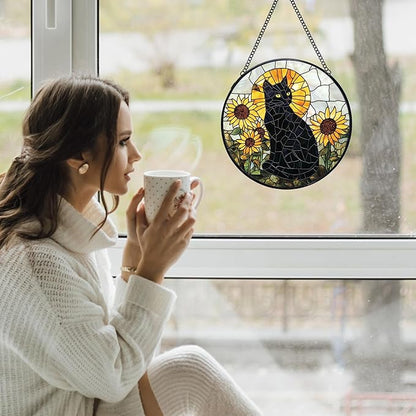 Black Cat Sunflower Stained Glass Window Hanging Suncatchers, Sunflower Flower Black Cat Sun Catchers Indoor Window Glass Wall Art Decor, Floral Wall Hanging Decorations Sculptures, 7.9x7.9in