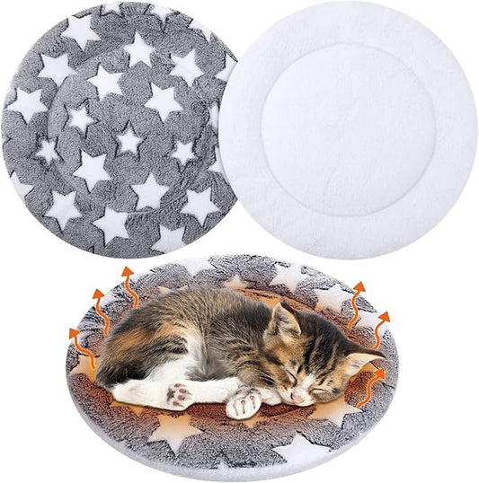 VitalCozy 2 Pack Self Heating Cat Pad Self Heating Cat Bed Machine Washable Heat Pet Mat Reversible Body Thermal Warm Round Dog Bed Crate Blanket for Feral and Indoor Cats(12'',Large Star)