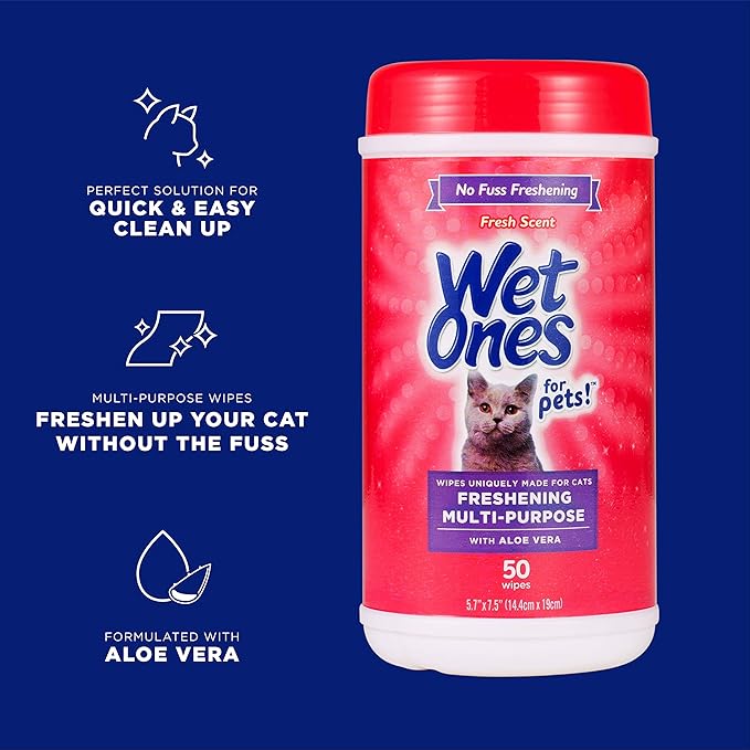 Wet Ones for Cats Freshening Wipes, Multi-Purpose Cat Grooming Wipes with Aloe Vera, Helps Remove Dirt, Odor, and Dander Between Baths, Fresh Scent, 50 Count - 12 Pack