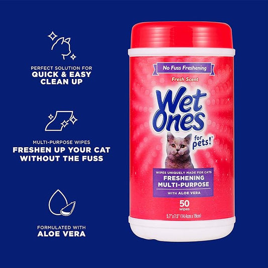 Wet Ones for Cats Freshening Wipes, Multi-Purpose Cat Grooming Wipes with Aloe Vera, Helps Remove Dirt, Odor, and Dander Between Baths, Fresh Scent, 50 Count - 3 Pack