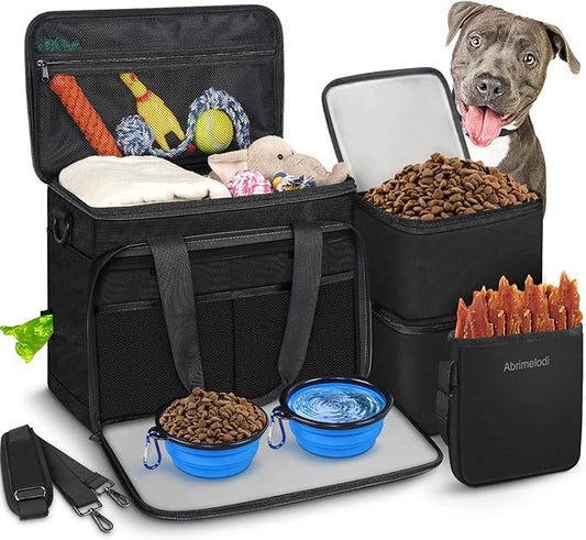 6 Set Dog Travel Bag, Large Pet Travel Kit for Supplies Includes 2 Food Containers, 1 Pet Organizer for Dogs, 2 Collapsible Bowls, 1 Treat Pouch, Dog Weekend Overnight Bag Luggage, Black