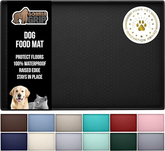 GORILLA GRIP 100% Waterproof Raised Edge BPA Free Silicone Pet Feeding Mat, Dog Cat Food Mats Contain Spills Protects Floors, Placemats for Cats and Dogs Water Bowl, Pets Accessories 16x10, Black