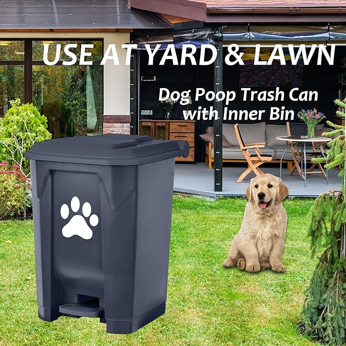 tebiete Dog Poop Trash Can Outdoors Pet Waste Station with Lid Dog Waste Disposal Container with Removable Inner Bin Bucket Hands-Free Pedal Garden Yard Home with Waste Bags, Grey