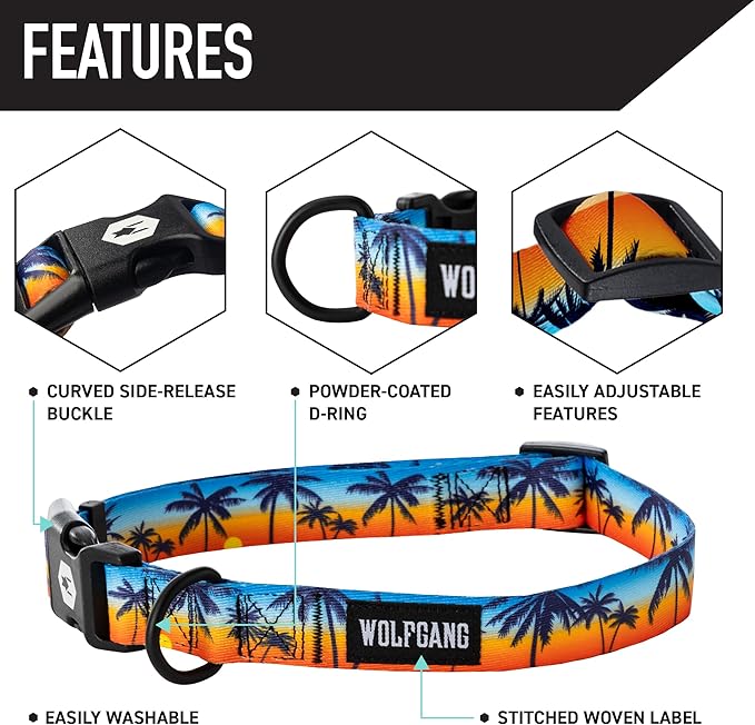 Wolfgang Heavy Duty, Adjustable Dog Collar with Quick Release Nylon Buckle for Walking & Training, SunsetPalms Print, Large