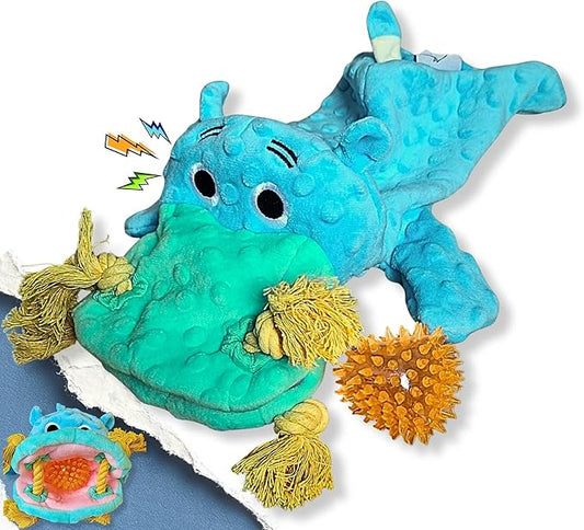 4 in 1 Squeaky Dog Toy-No Stuffing Dog Toy with Ropes,Squeaker & Surprise play item inside for Small Medium Large Breed-Dog Tug Toy,Dog Chew Toy for Cuddling & Playing,Soft Blue Plush Hippo,Gift ready