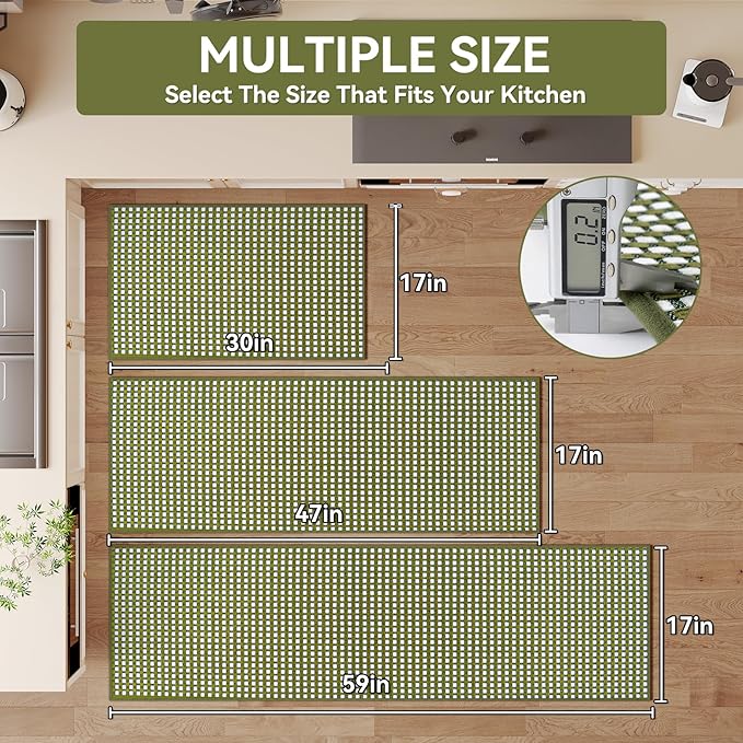 Kitchen Runner Rugs Non Slip Washable, Super Absorbent Soft Chenille Braided Kitchen Mats for Floor Rubber Backing Sink Mat Standing Hallway Floor Mat, Easy Clean, Green 17"x59"