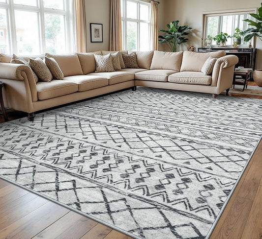 KUTA Washable Rugs 9x12 Grey, Moroccan Boho Large Area Rug Non-Slip, Ultra Soft Geometric Tribal Traditional Farmhouse Carpet for Living Room Dining Room Bedroom Dorm Office Home Decor