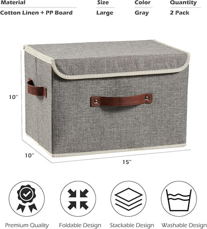 2PCS Storage Boxes with Lid Cotton Linen Fabric Storage Bins Organizer Container Decorative Collapsible Washable Shelf Closet Baskets Faux Leather Handles Home Bedroom (Gray, Large Size)
