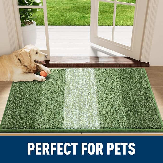 Smiry Dog Door Mat for Muddy Paws, Absorbs Moisture and Dirt, Low-Profile Entryway Mat with Non-Slip Backing, Entry Indoor Outdoor Doormat for Inside Floor (47x20 Inches, Green, Striped)
