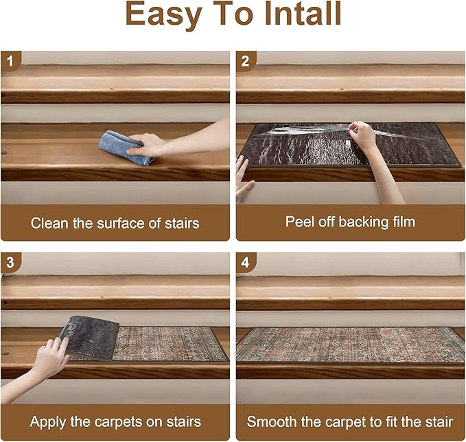 Carpet Stair Treads Non Slip 1PCS, 30" X 30"Edging Stair Runner for Wooden Steps Indoor, Resistant Stair Rugs with Reusable TPE Adhesive Backing, Residue Free Mat for Kids,Pets,Rust & Brown