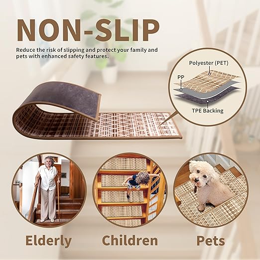 Non-Slip Carpet Stair Treads 7PCS, 8"x30" Peel and Stick Stair Runner for Wooden Steps Indoor, Washable Reusable Adhesive Backing, Pet-Friendly Safety Mats for Kids, Elders, Dogs