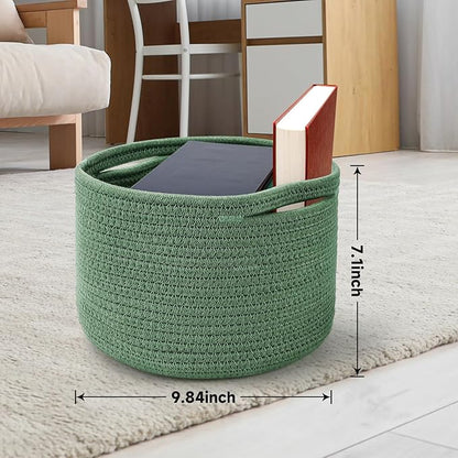 Small Rope Baskets for Storage, Baskets for Gifts Empty, Cute Round Woven Basket, Decorative Shelf Baskets 9.82×9.82×7.1", Cotton Toy Basket Storage Bins for Organizer 3 Packs Green