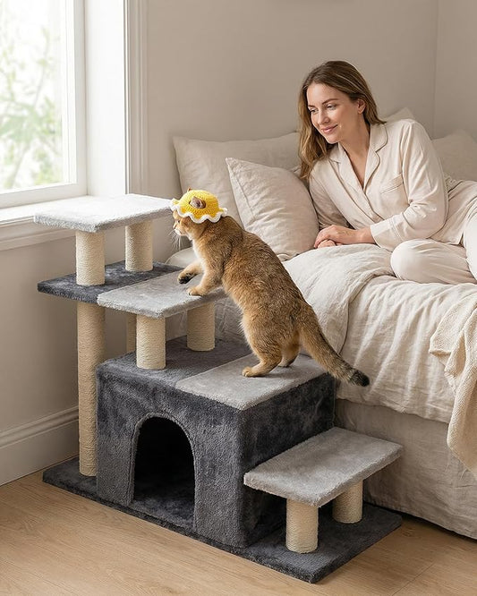 4-Tier Cat Stairs for High Bed with 22'' Cat Scratching Post, Pet Steps for Doggies Rabbit Ferret, Adjustable Cat Cave, Grey, Extra Large