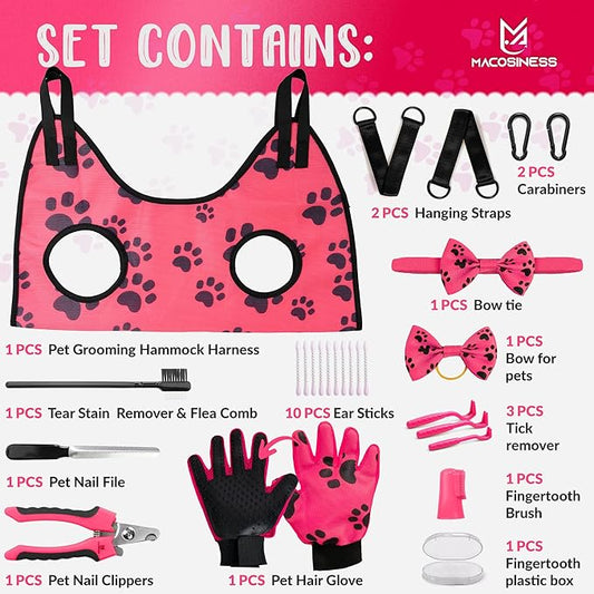 Pet Grooming Hammock for Nail Trimming - Complete Groomers Helper Set for Pet - Dog Grooming Hammock with Hook - Cat Nail Clipper - Dog Hammock for Nail Clipping (S, Pink with Black Paws)