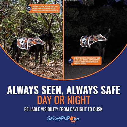 SafetyPUP XD Dog Reflective Vest – Hi-Vis Fluorescent Visibility That Helps to Safeguard Your Pet On/Off Leash in Urban & Rural Areas (Camo, Large)