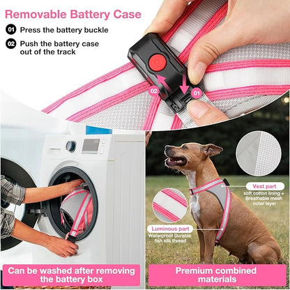 ChalkLit Light Up Dog Harness, No Pull Led Dog Harness Glow-in-The-Dark for Night Walking, USB Rechargeable Lighted Safety Vest for Medium Large Dogs, Adjustable Soft Mesh Fully Illuminated(Pink, L)