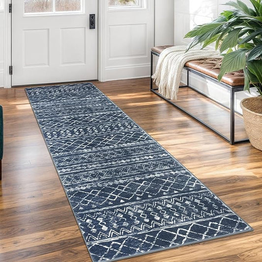 KUTA Moroccan Washable Runner Rug, 2x7 Non-Slip Vintage Navy Blue Boho Hallway Kitchen Rugs Ultra Soft Distressed Geometric Floor Carpet Runners for Bedroom Laundry Living Room