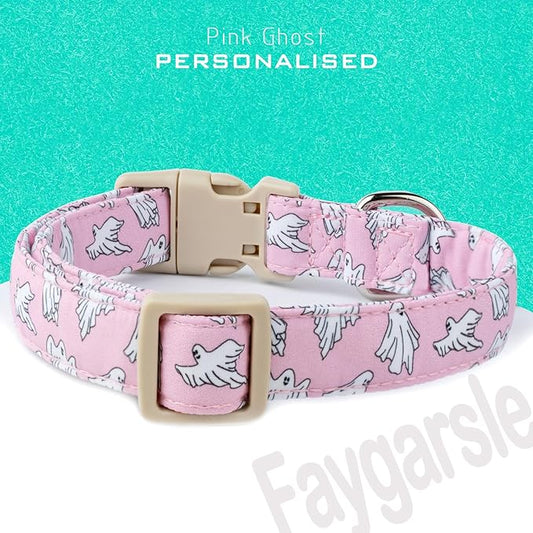 Faygarsle Pink Ghost Pattern Dog Collar with Charm, Halloween Pet Necklace, Adjustable Collar for Small Medium Large Dogs XS