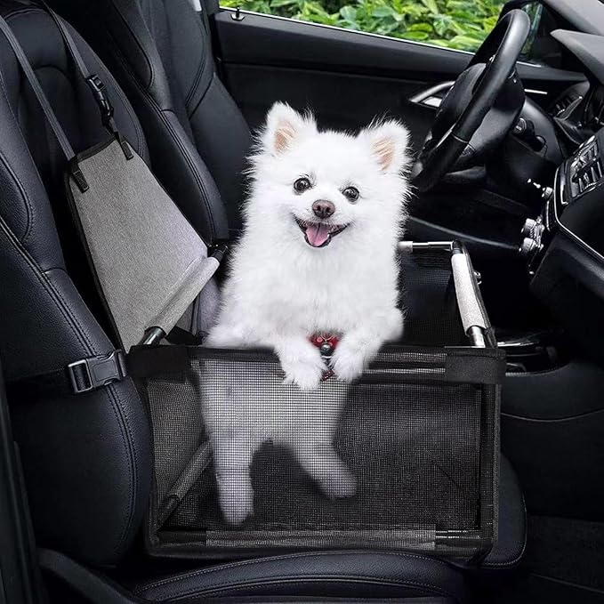 Small Dog Car Seat - Portable Puppy/Pet Booster Seat with Clip-On Leash and Mesh Window for Small Pets Up to 11 lbs