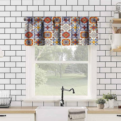 Mexico Valances Curtain for Kitchen, Mexican Talavera Ceramic Tile Patchwork Pattern Window Treatment Valances Short Curtains Rod Pocket Drape for Dining Room Home Farmhouse Decor, 54x18inch