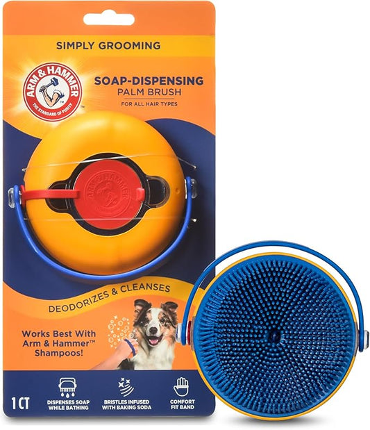 Arm & Hammer Deodorizing Soap Dispensing Palm Brush for Dogs - Grooming Dog Brush for All Hair Types, Pair Dog Soap Dispenser with Your Pets Favorite Shampoo, Easy Grip Scrubber for Dogs