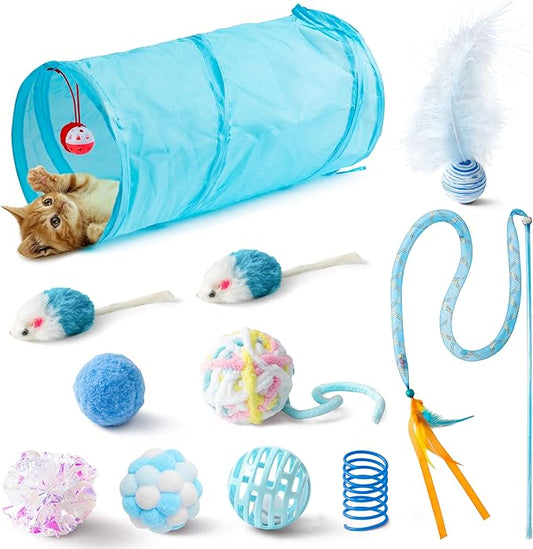 MALLMALL6 Cat Toy Set Interactive Cat Toys 11Pcs Pack with Foldable Tunnel, Feather Teaser Wand, Springs, Mice, Crinkle Balls & Pet Bell Balls - Puzzle Toys for Indoor Cats - Gift (Blue)