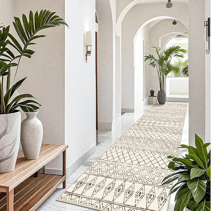 Washable 4x12 Runner Rug Hallway: Moroccan Non Slip Extra Long Rugs - Pets Friendly Runners Low Pile Soft Carpet for Kitchen Bedroom Entryway Laundry 4x12 Geo Beige