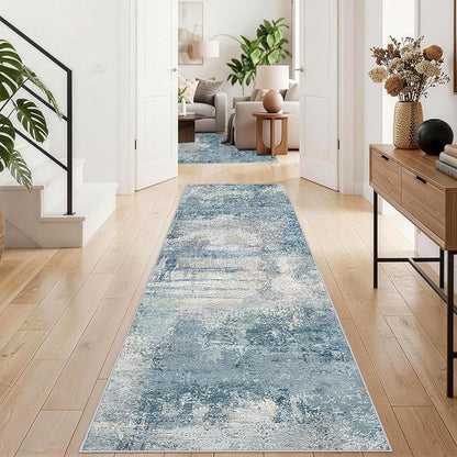 Abstract Rug Runners 2x8 Washable: Modern Rugs Non Slip for Kitchen Entryway Bedroom - Soft Stain Resistant Easy Clean - Indoor Low Pile Carpet for Family with Pets 2x8 Blue