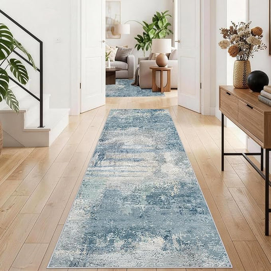 Abstract Rug Runners 2x8 Washable: Modern Rugs Non Slip for Kitchen Entryway Bedroom - Soft Stain Resistant Easy Clean - Indoor Low Pile Carpet for Family with Pets 2x8 Blue