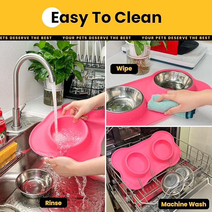 Dog Bowls with Non-Slip Silicone Mat, Spill Proof Large Food & Water Bowls Set, Easy Clean Dog Food Dish, Dishwasher Safe, Suitable for Dogs Cats Pet Under 90lbs, Large, Pink