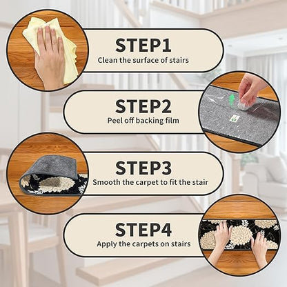 Non-Slip Carpet Stair Treads 1PCS, 30"x30" Peel and Stick Stair Runner for Wooden Steps Indoor, Washable Reusable Adhesive Backing, Pet-Friendly Safety Mats for Kids, Elders, Dogs